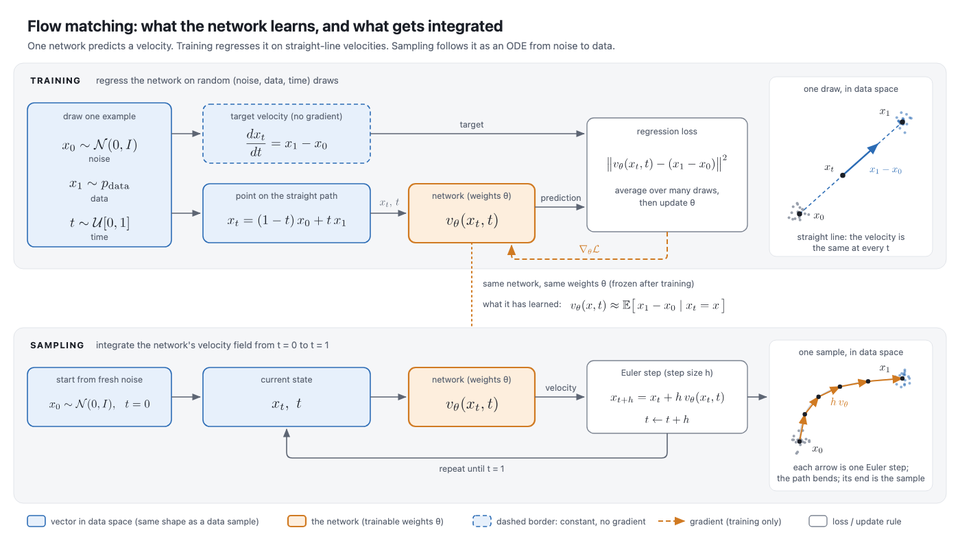 Flow matching diagram: training regresses v_theta on x1 - x0; sampling integrates v_theta with Euler steps